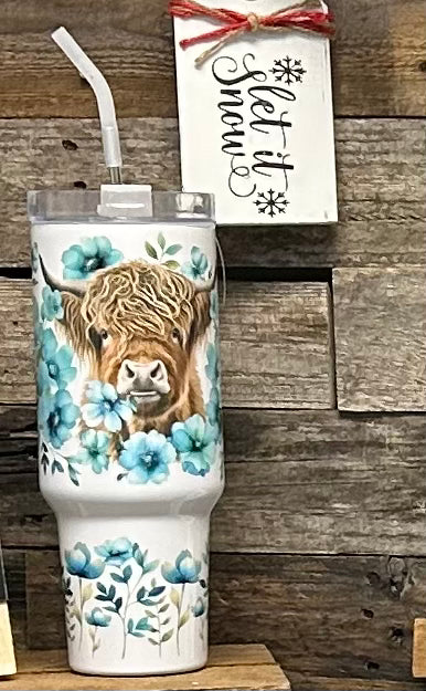 Highland Cow with Blue Flowers 40 oz tumbler